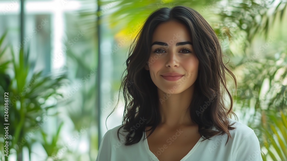 A Young Woman Smiles Serene Against Lush Greenery A Young Woman Smiles Serene Against Lush Greenery