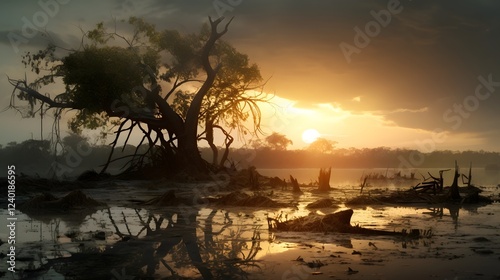 The devastating impact of climate change on the delicate balance of ecosystems and the loss of endangered species is powerfully depicted in this nature scene