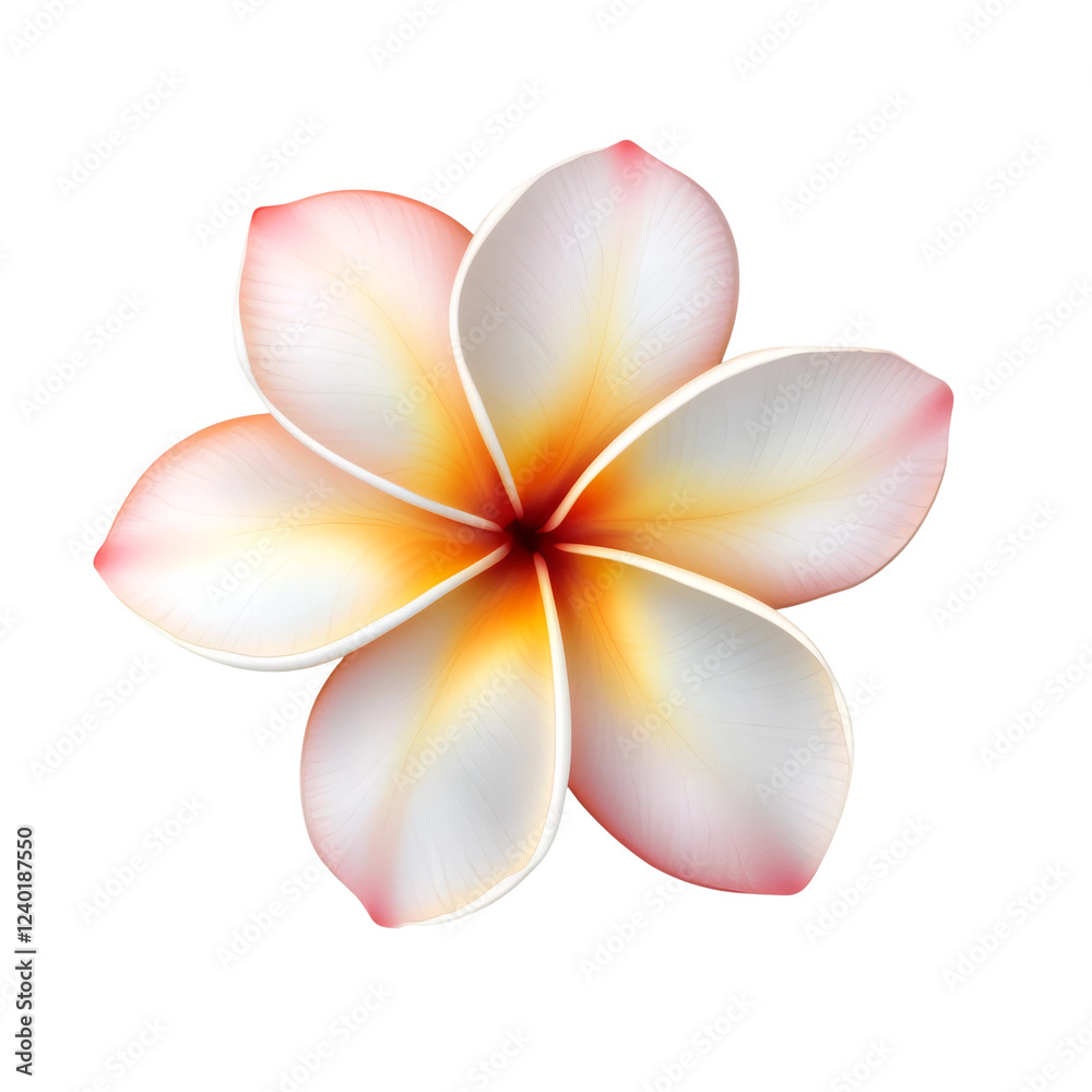 Bright plumeria flower isolated on transparent background showcasing delicate petals in shades of pink, white, and orange Bright plumeria flower isolated on transparent background showcasing delicate petals in shades of pink, white, and orange