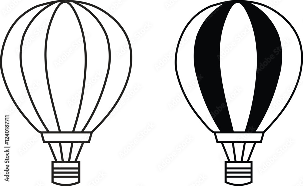 Obraz premium Parachute icon, vector set. Symbol of parachute, balloon, airdrop box, transport.Air balloon icon, silhouette design. Line icon of parachute, Vector illustration.