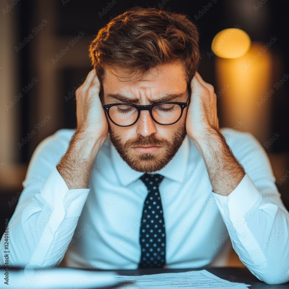 Man with glasses and tie sitting at desk with hands on head expressing stress or frustration Man with glasses and tie sitting at desk with hands on head expressing stress or frustration