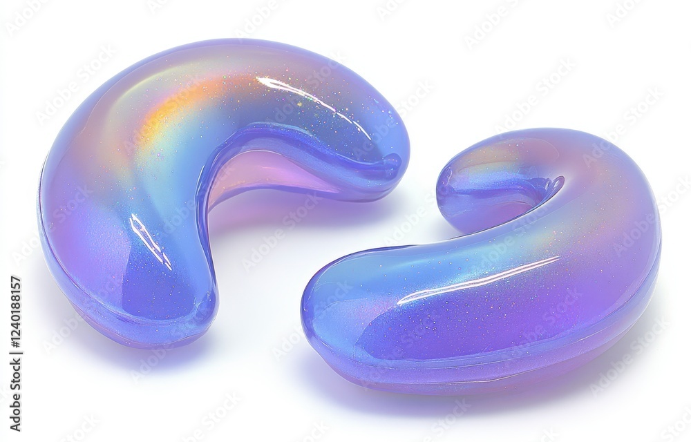 Two iridescent purple crescent shaped objects with glitter, positioned on a white background. Close up view highlighting texture and shine Two iridescent purple crescent shaped objects with glitter, positioned on a white background. Close up view highlighting texture and shine