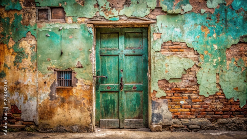 A weathered teal door set within a crumbling brick and plaster wall, showing the passage of time and the endurance of structure A weathered teal door set within a crumbling brick and plaster wall, showing the passage of time and the endurance of structure