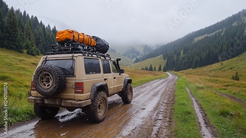 Petrol vehicle concept. Off-road vehicle on a muddy trail surrounded by lush green hills under a cloudy sky. photo