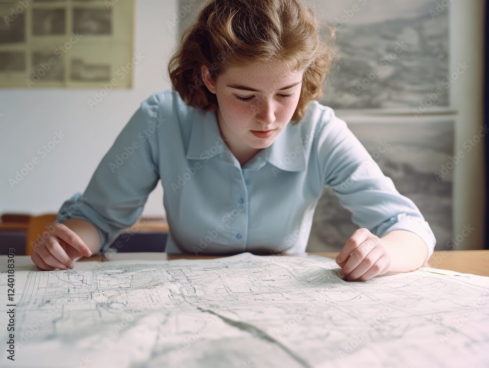A young woman studies a detailed map, focused and attentive, in a room filled with historical images and geographical representations. A young woman studies a detailed map, focused and attentive, in a room filled with historical images and geographical representations.