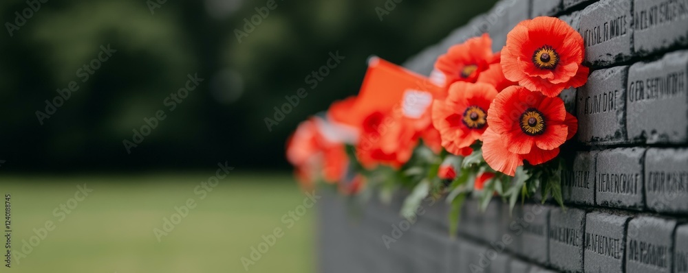 Red poppies growing on an old stone wall in a sunny outdoor setting