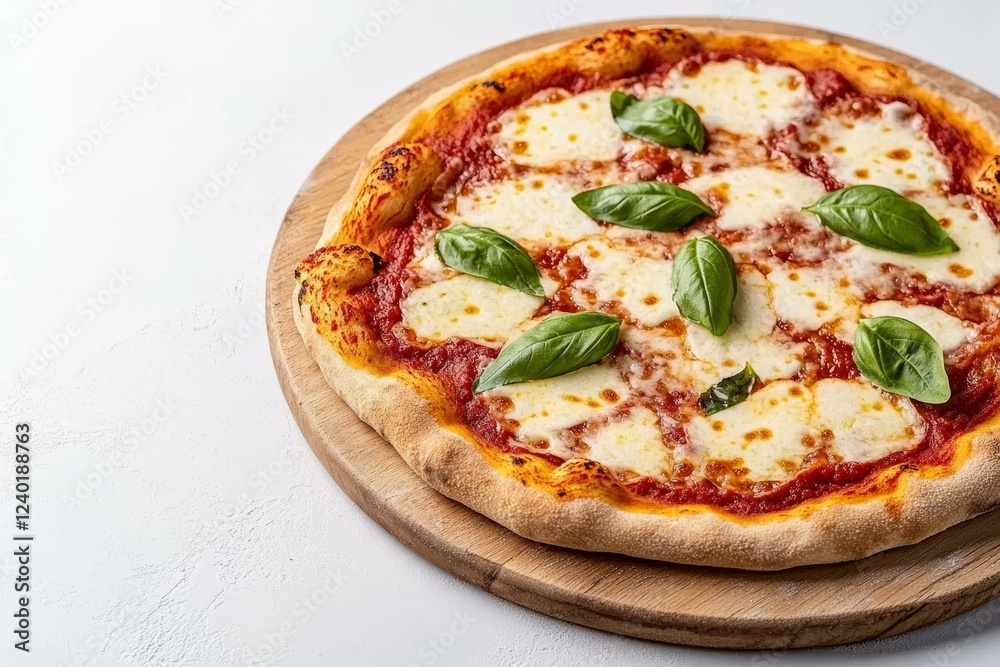 Freshly baked pizza topped with cheese and basil leaves on a wooden serving board Freshly baked pizza topped with cheese and basil leaves on a wooden serving board