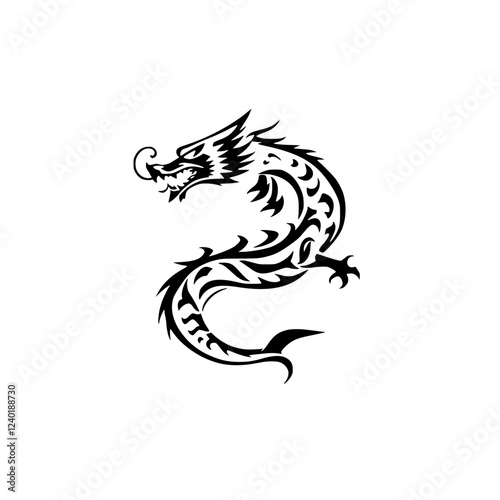 Tribal Dragon Tattoo Design: Mythical Creature Illustration, Black Ink Graphic