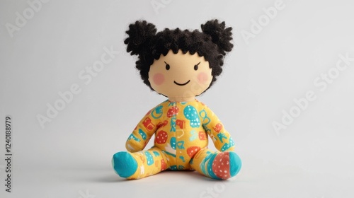 A soft plush doll designed for toddlers, with a friendly embroidered face, wearing colorful pajamas, and placed on a clean white background. photo