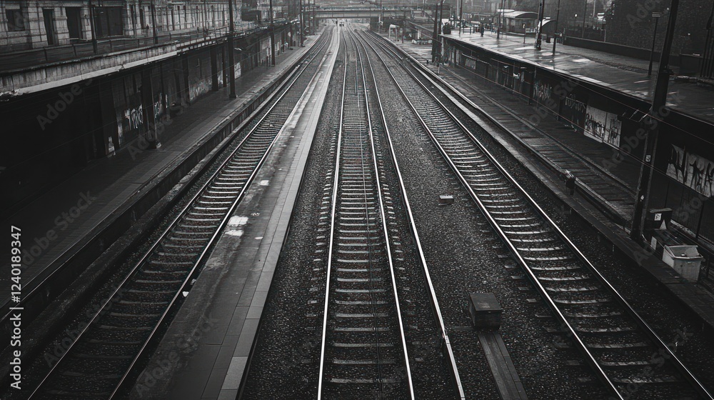 Fototapeta premium Monochrome view of train tracks receding into the distance at a station.