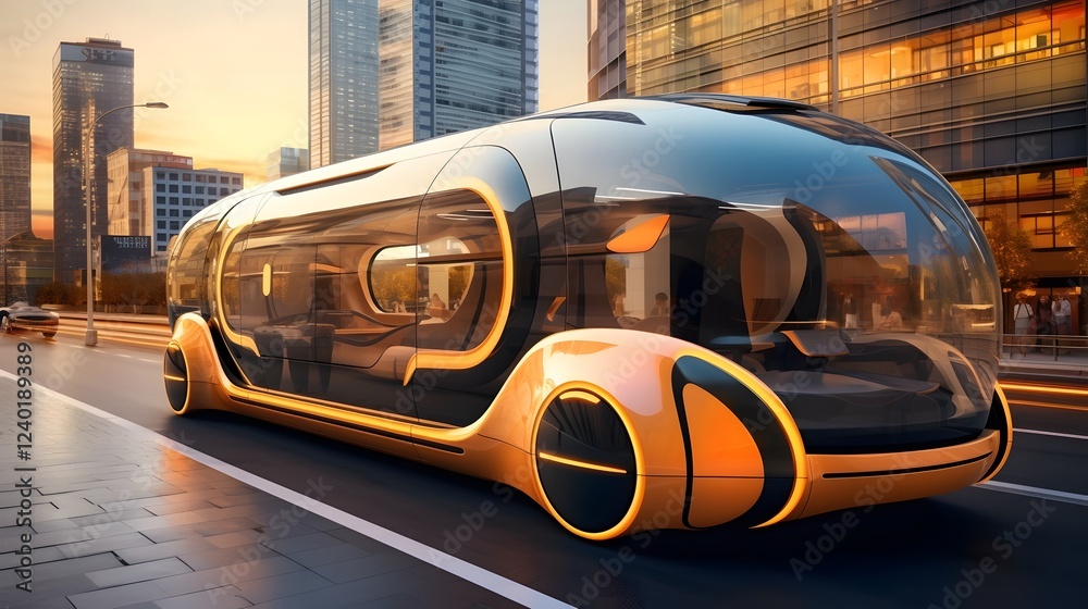 Obraz premium Autonomous and Futuristic Ride Sharing Vehicle Featuring a Cutting Edge Holographic User Interface for a Seamless and Innovative Commuting Experience
