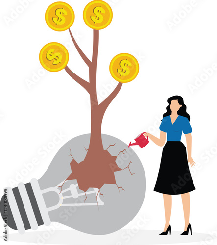 Create income with knowledge concept illustration. never give up and fix mistakes at work to invent new innovation. businesswoman managed to grow plants from broken light bulbs