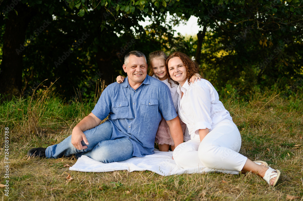 Portrait of happy family in park. Mom and dad with baby girl sitting on grass during picnic enjoying time together smiling happily and hugging. Happy family concept, vacation. International family day Portrait of happy family in park. Mom and dad with baby girl sitting on grass during picnic enjoying time together smiling happily and hugging. Happy family concept, vacation. International family day