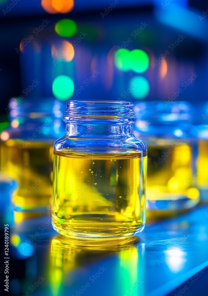 Yellow liquid in glass jars on a lab surface. Yellow liquid in glass jars on a lab surface.
