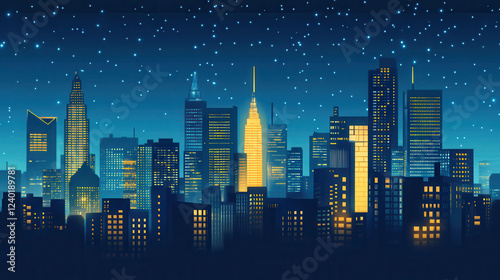 futuristic city skyline illuminated against starry night sky, showcasing tall buildings and vibrant lights. scene evokes sense of wonder and modernity