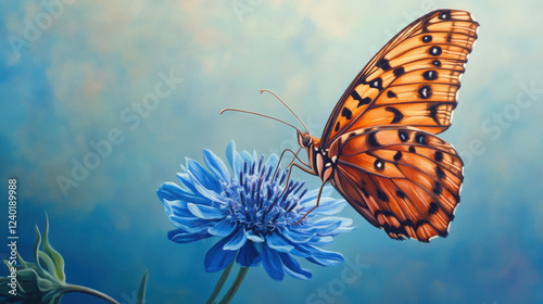 vibrant butterfly resting on blue flower, showcasing intricate patterns and colors. scene captures beauty of nature and delicate balance of life