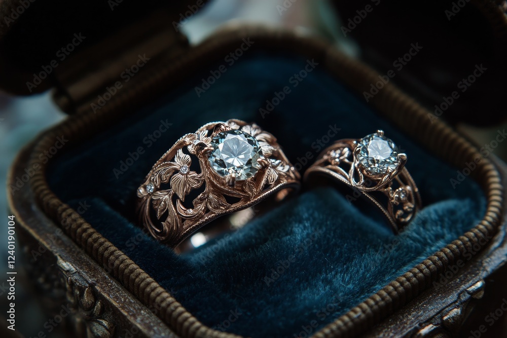 Naklejka premium Elegant diamond rings in antique box.