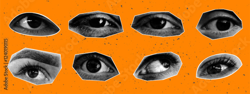 Set of eyes with paper cut halftone effect. Dotted pop art style. Modern vector illustration.
