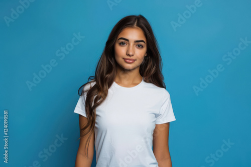 indian girl wearing white t shirt standing on blue background