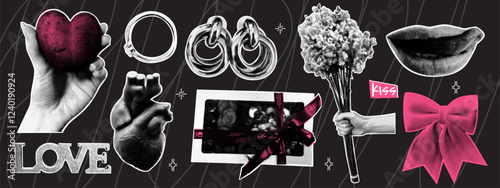 Trendy halftone collage Valentine's Day elements set. Heart, gift, bow, lips, bouquet of flowers, earrings, ring. Dotted pop art style.