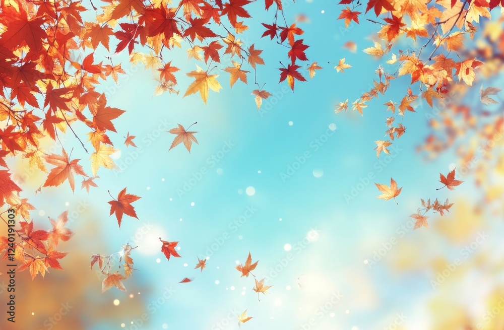 Autumn leaves falling, sunny sky, bokeh background, fall design Autumn leaves falling, sunny sky, bokeh background, fall design