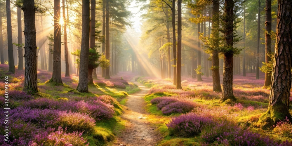 Obraz premium Serene Woodland Path Bathed in Golden Sunlight, Blooming Heather Carpeting the Forest Floor