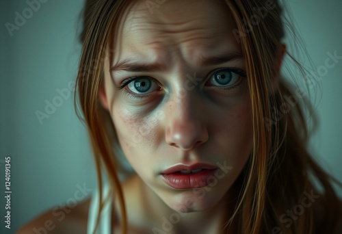 Scared young woman with pale face and sunken eyes