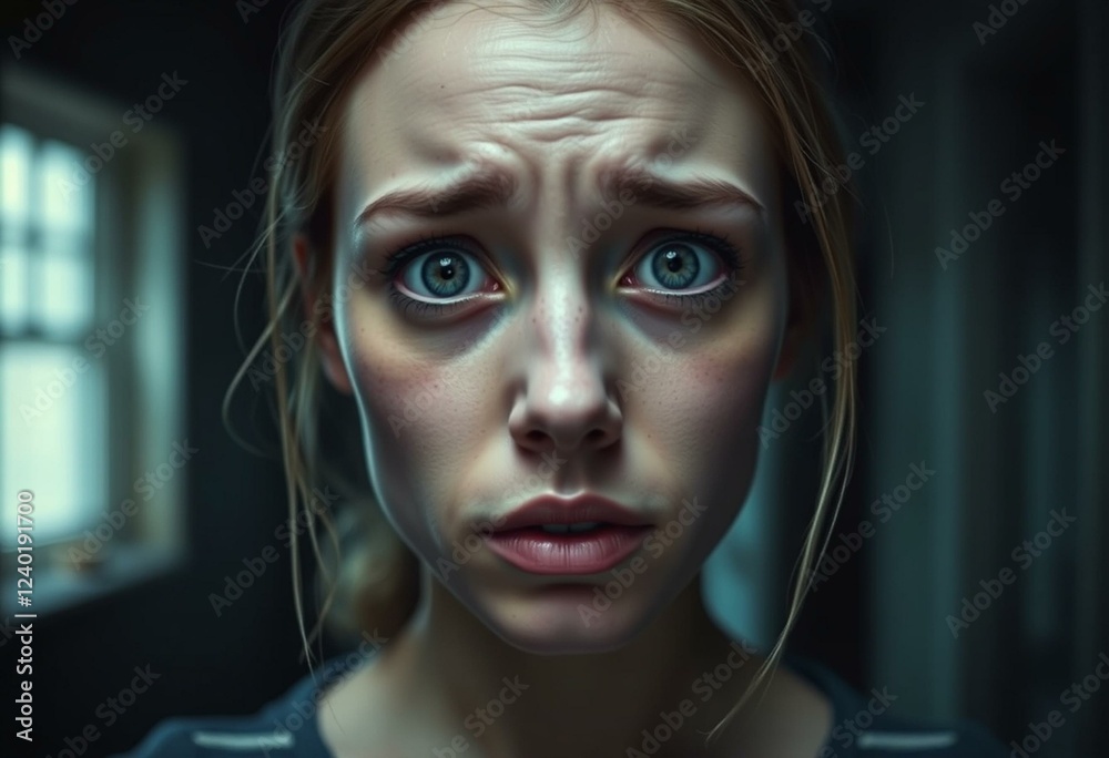 Scared female person in dimly lit room Scared female person in dimly lit room