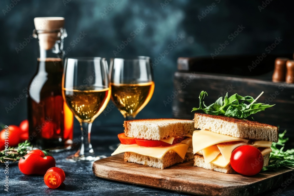 Cheese sandwich with wine tomatoes on rustic setting Cheese sandwich with wine tomatoes on rustic setting