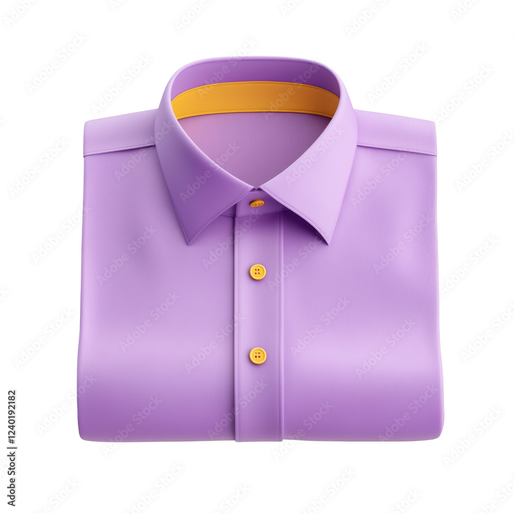 The image shows a digitally rendered folded lavender dress shirt featuring yellow buttons and collar accents. The image shows a digitally rendered folded lavender dress shirt featuring yellow buttons and collar accents.