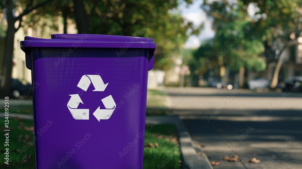 A Purple Recycle Bin Positioned on the Side of the Road Surrounded by Trees and a Residential Area A Purple Recycle Bin Positioned on the Side of the Road Surrounded by Trees and a Residential Area