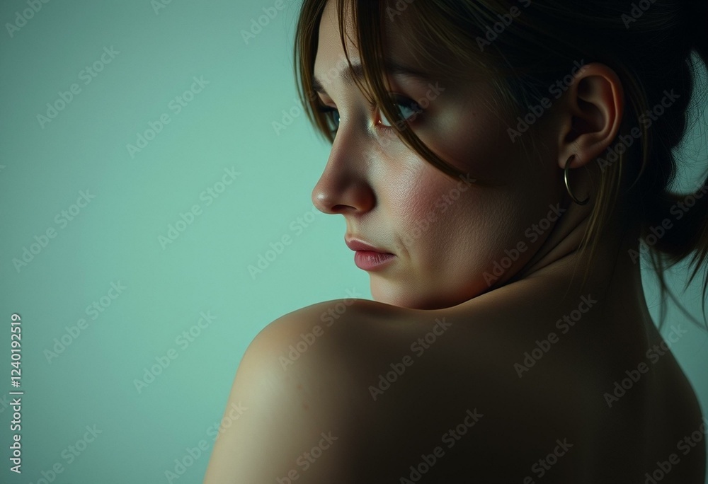 Fototapeta premium Female person in partial shade, terrified expression