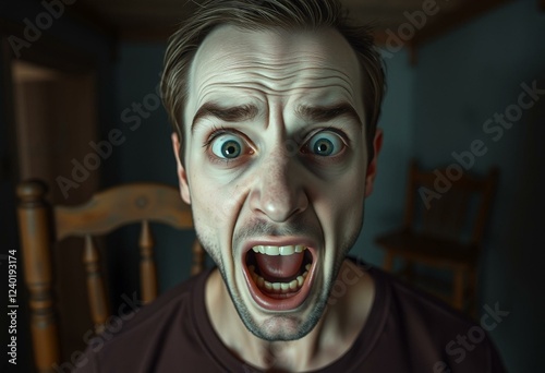 Terrified male person in dimly lit room photo