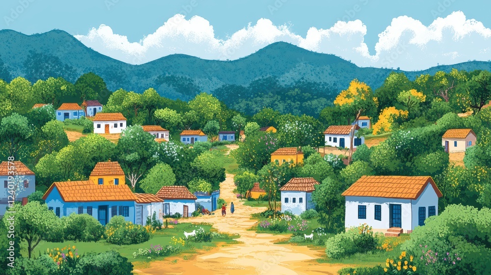 Obraz premium Panoramic view of a tribal village celebrating a festival