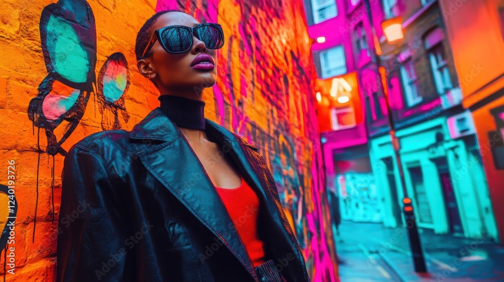 Obraz premium Urban Chic: A fashion model posing in a bustling city street, with neon lights and vibrant street art