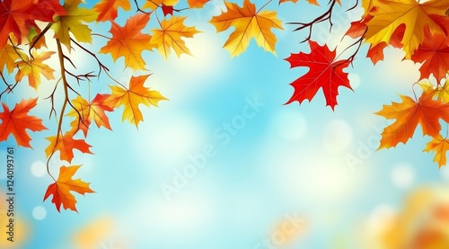 Autumn maple leaves frame, sky backdrop, fall design