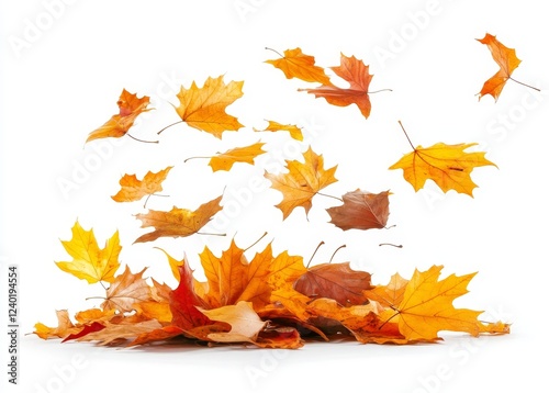 Falling autumn leaves studio shot, white background