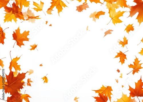Falling autumn leaves frame, white background, design element