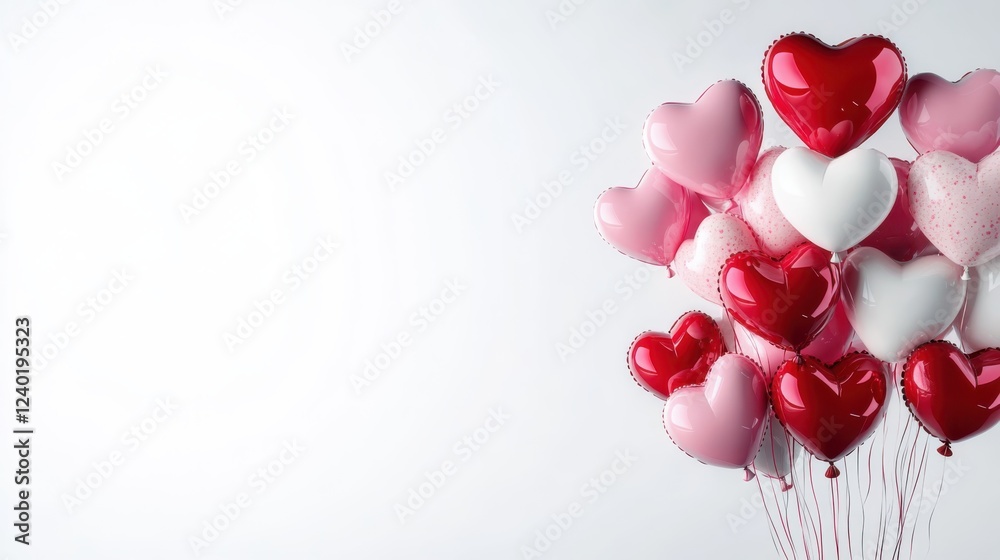 Red, pink and white heart shaped balloons floating on top half of white background, valentine's day concept banner Red, pink and white heart shaped balloons floating on top half of white background, valentine's day concept banner