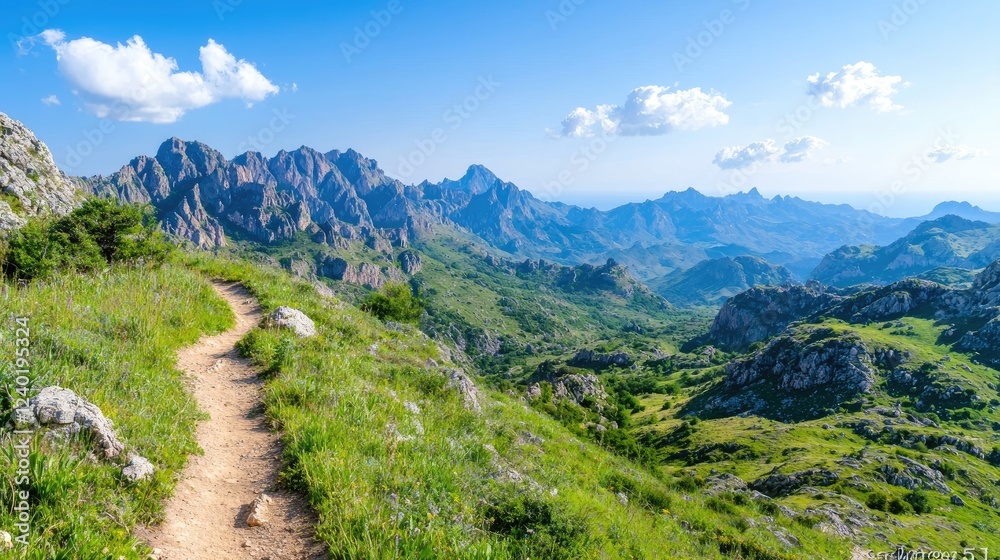 Naklejka premium Mountain trail scenic view, summer hike, panoramic landscape