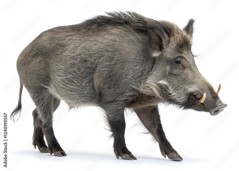 Rugged wild boar with gray fur stands isolated against a white background showcasing its unique features Rugged wild boar with gray fur stands isolated against a white background showcasing its unique features