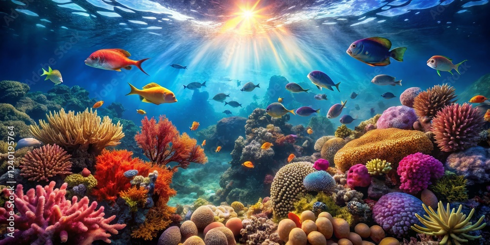 Obraz premium Vibrant Underwater Scene with Colorful Coral Reefs and Fish