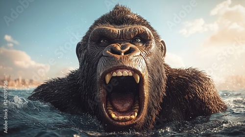Fierce gorilla roaring in water with urban skyline in background