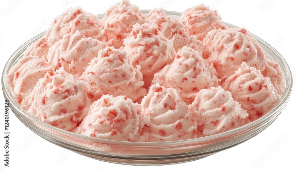 Close up view of a glass bowl filled with numerous scoops of pink strawberry ice cream, speckled with small red pieces, set against a plain white