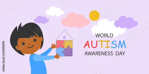 cute cartoon child and house of colorful puzzle. World awareness day background design celebrating poster modern flat vector