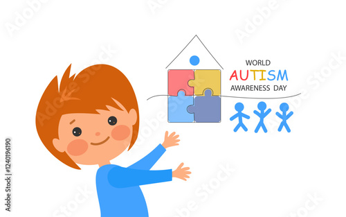 cute cartoon child and house of colorful puzzle. World awareness day background design celebrating poster modern flat vector