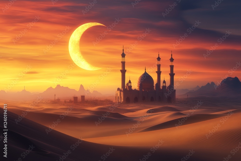 Obraz premium Majestic mosque in desert at sunset with crescent moon.