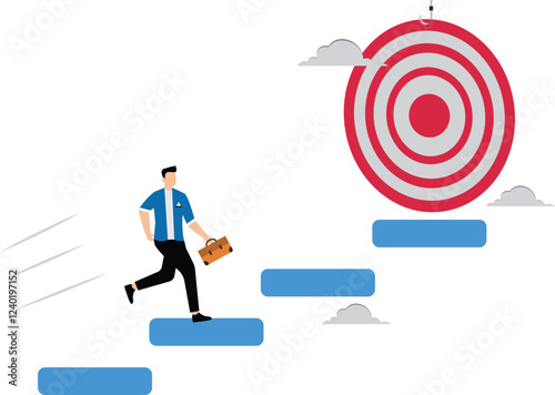 Step or progress to success and reach goal target, leadership to improve personal development, ladder or staircase to achieve goal, aspiration or career path, businessman run up stair to success