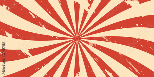Circus background and spiral retro rays vector pattern. Vintage poster of red white sun or star burst radial lines with grunge texture, circus, carnival, summer fair or chapiteau backdrop