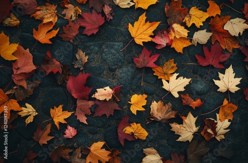 Autumn leaves scattered on cobblestone path, background blurred